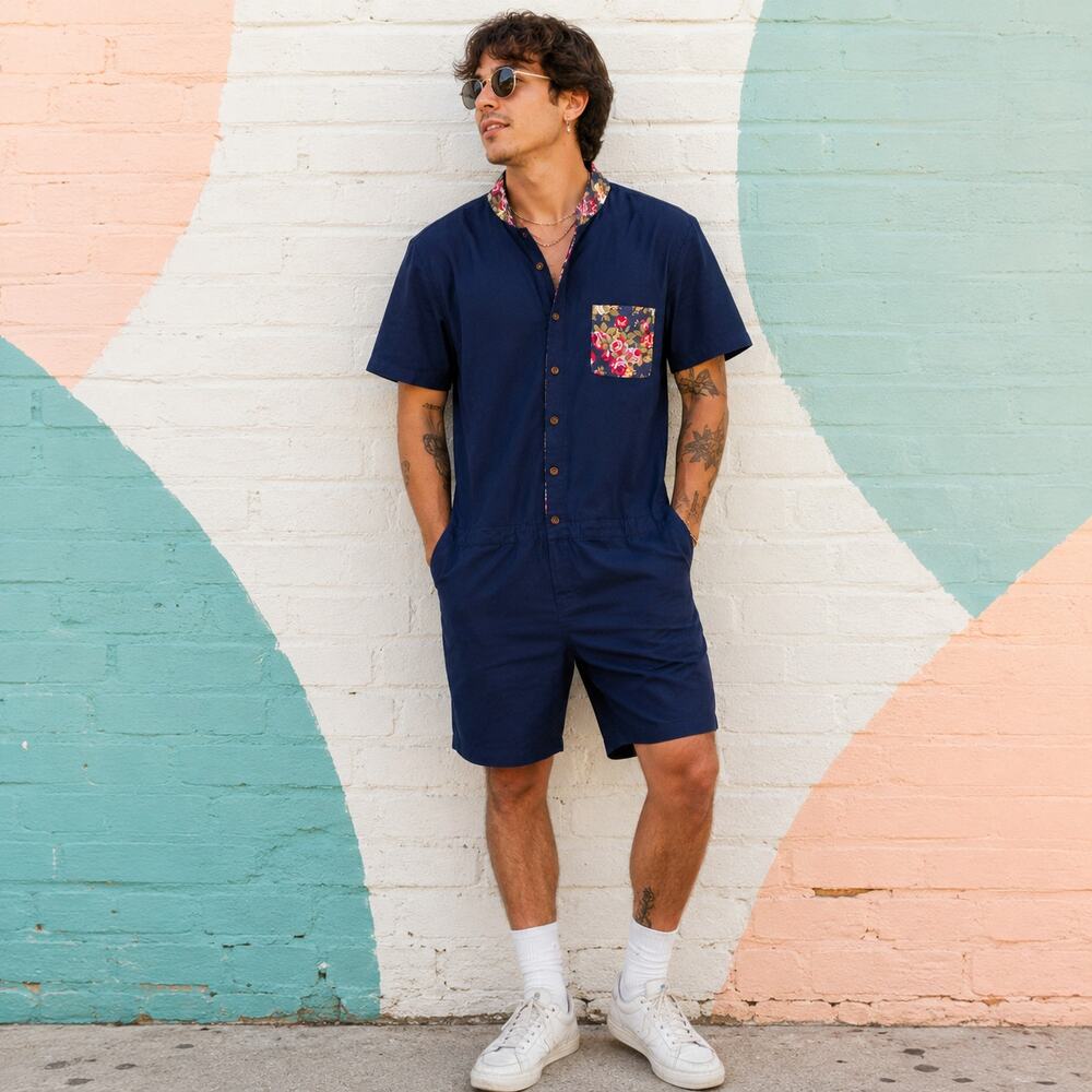 RomperJack Navy Rosé Floral Trim Men's Romper Large Festival Resort